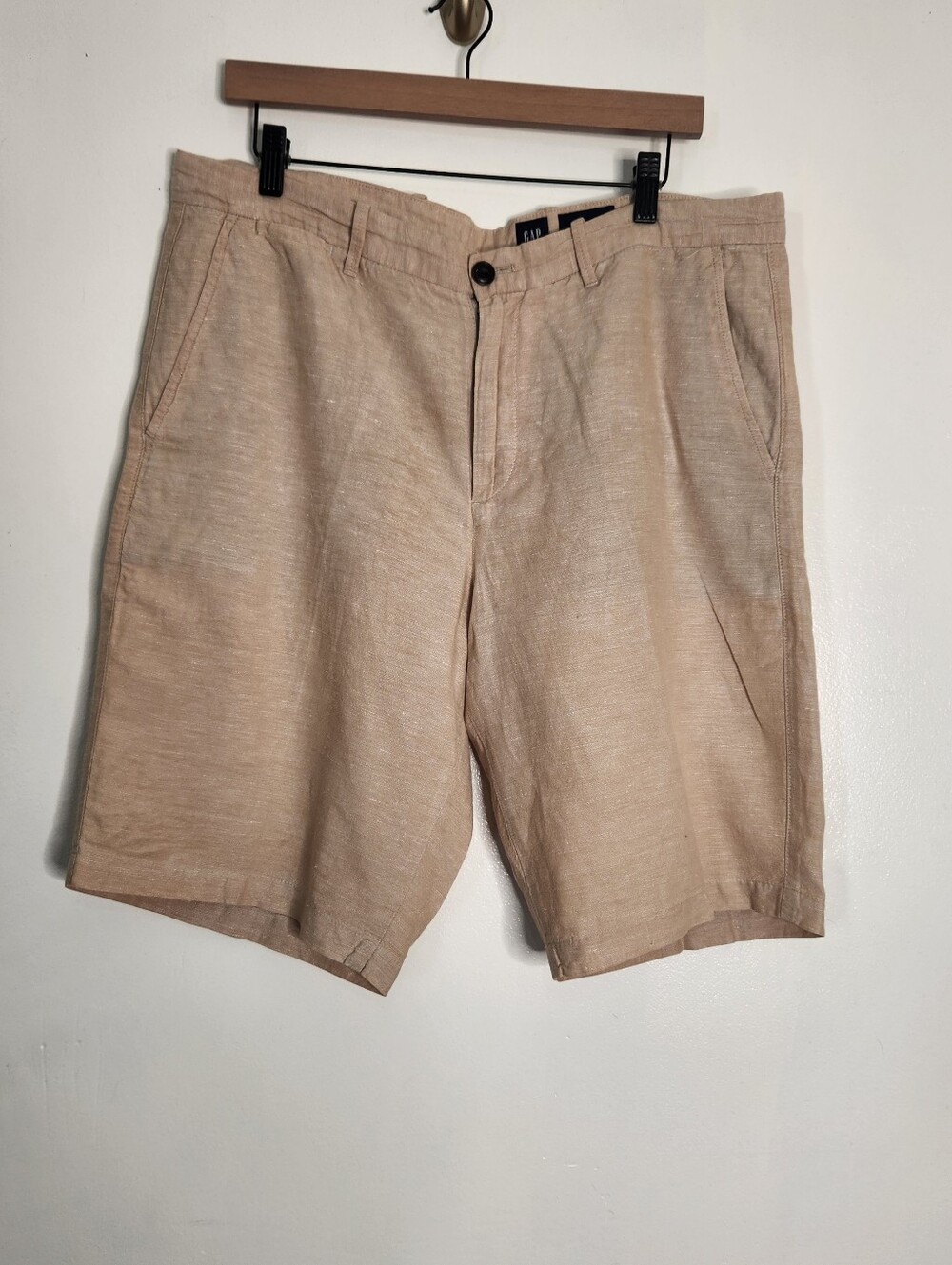 Gap Men Classic Linen Cotton Blend Bermuda Shorts 36 Khaki Beige Flat Front Summ